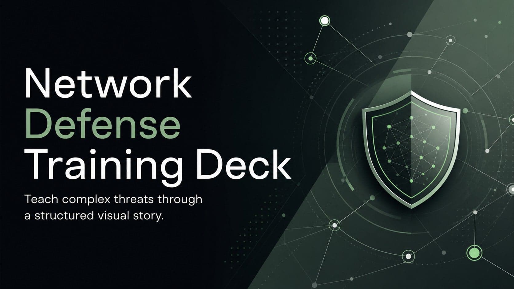 Cover of a Network Defense Training Deck with a black background, green technical accents, and modern cybersecurity graphics.
