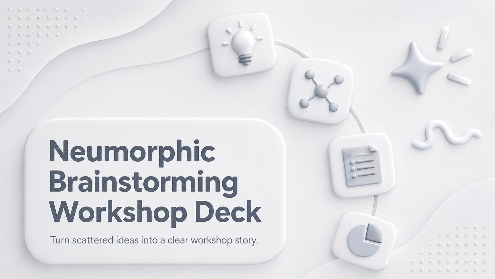 Cover of the Neumorphic Brainstorming Workshop Deck with raised grey idea symbols on a clean white background.