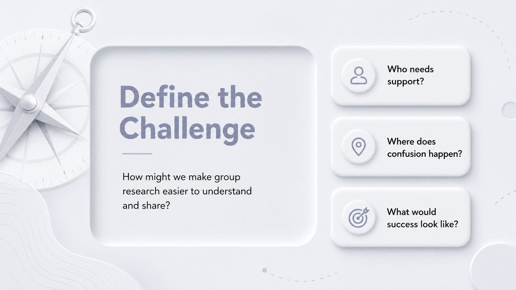 Student brainstorming presentation slide defining a workshop challenge and three guiding questions.