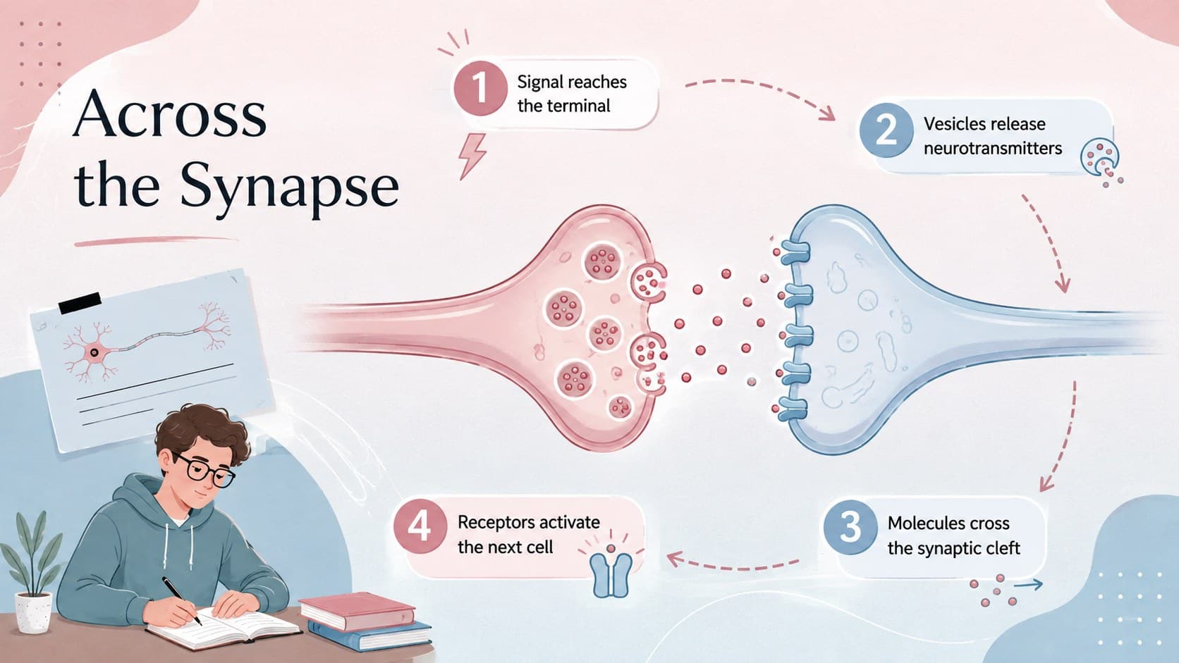 Synaptic transmission process diagram explaining communication between two neurons.