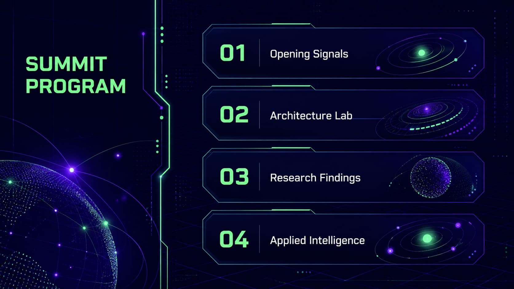 Neural network research summit agenda slide with four connected technical sessions.