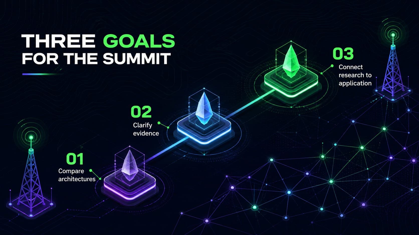 Deep learning conference presentation slide showing three summit goals with neon geometric icons.