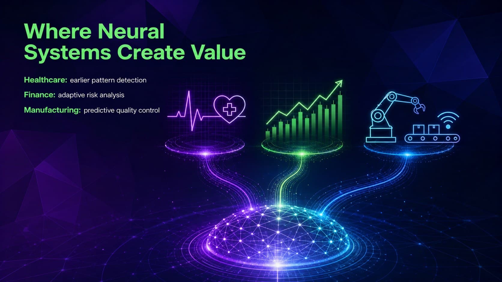Corporate AI webinar presentation slide outlining healthcare, finance, and manufacturing applications.