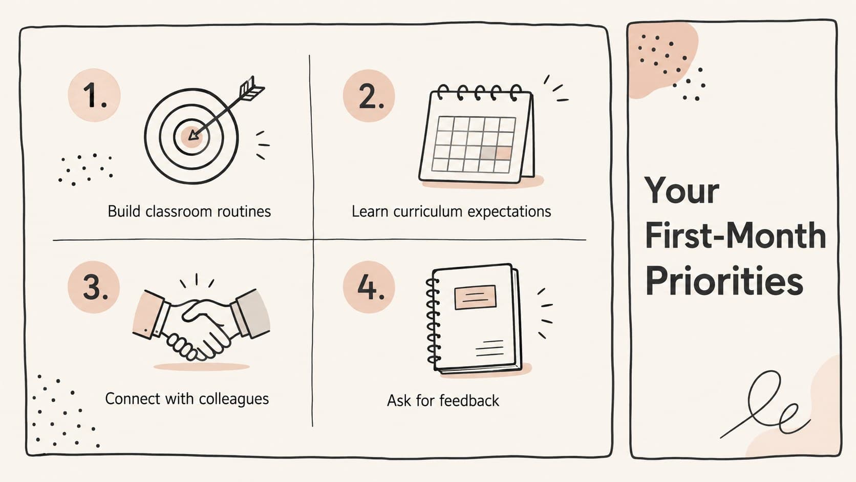 Teacher induction slide outlining four role priorities for an educator's first month.