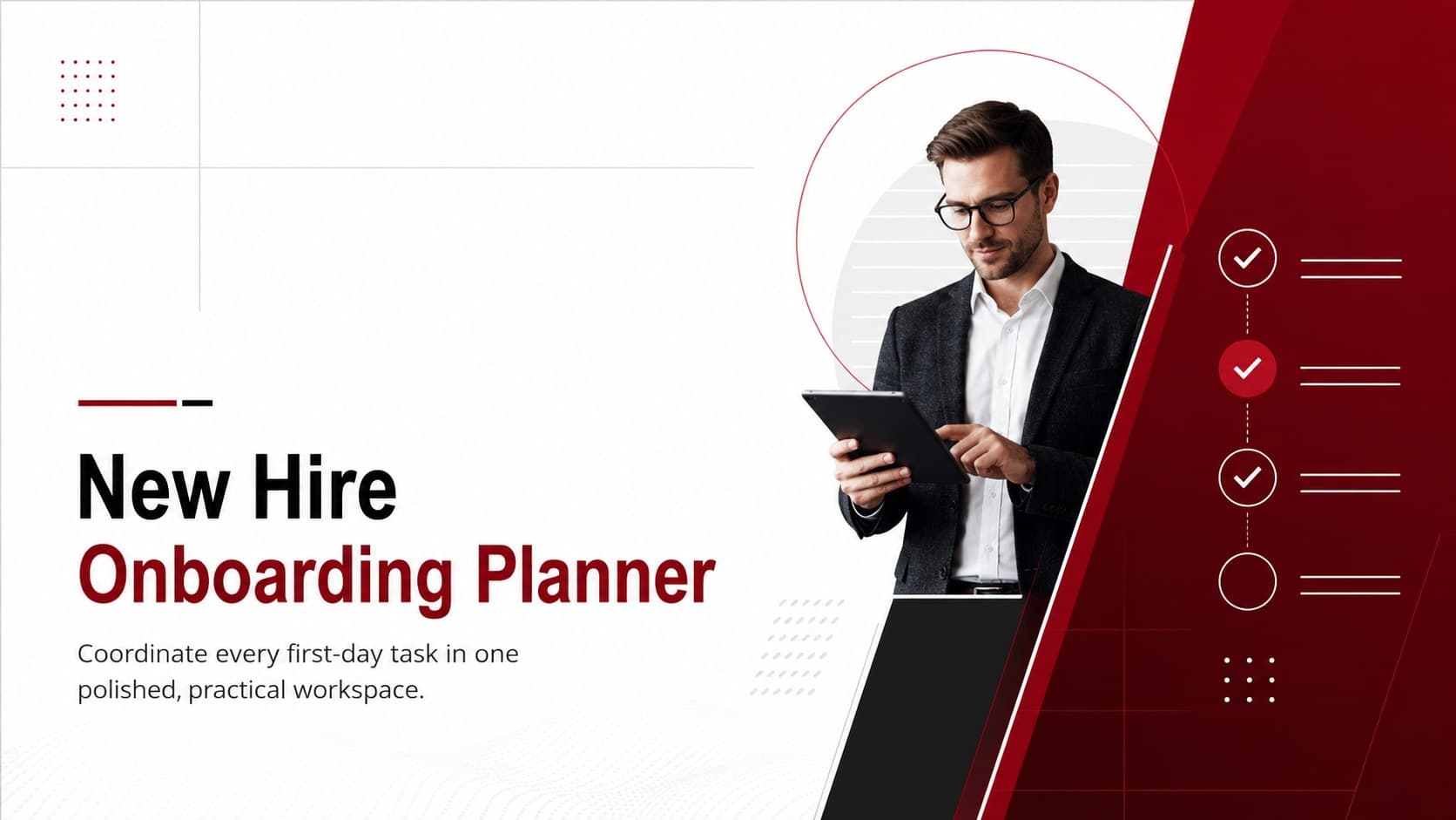 New hire onboarding planner cover with bold red accents and a modern black-and-white checklist motif.