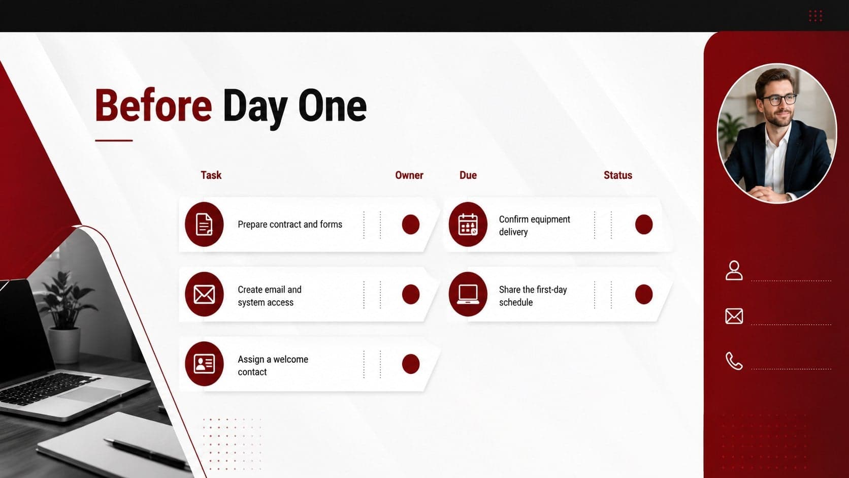 Employee onboarding checklist slide organizing pre-arrival tasks, owners, deadlines, and completion status.