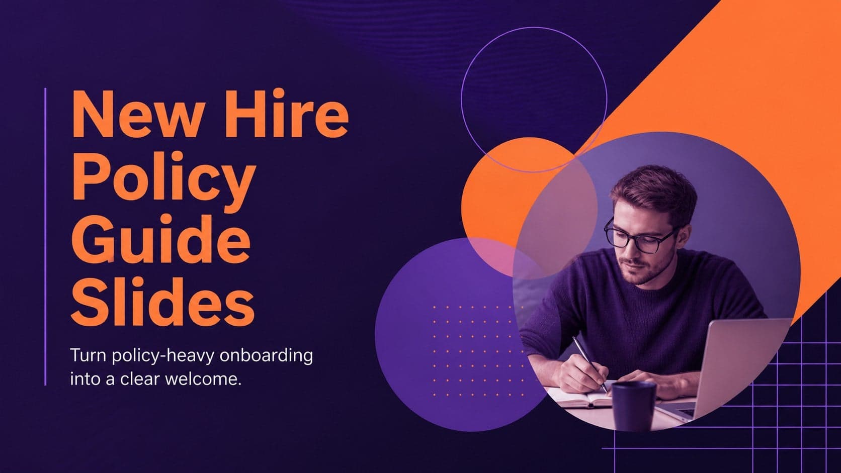 Cover for New Hire Policy Guide Slides with modern purple, violet, and orange geometric accents.