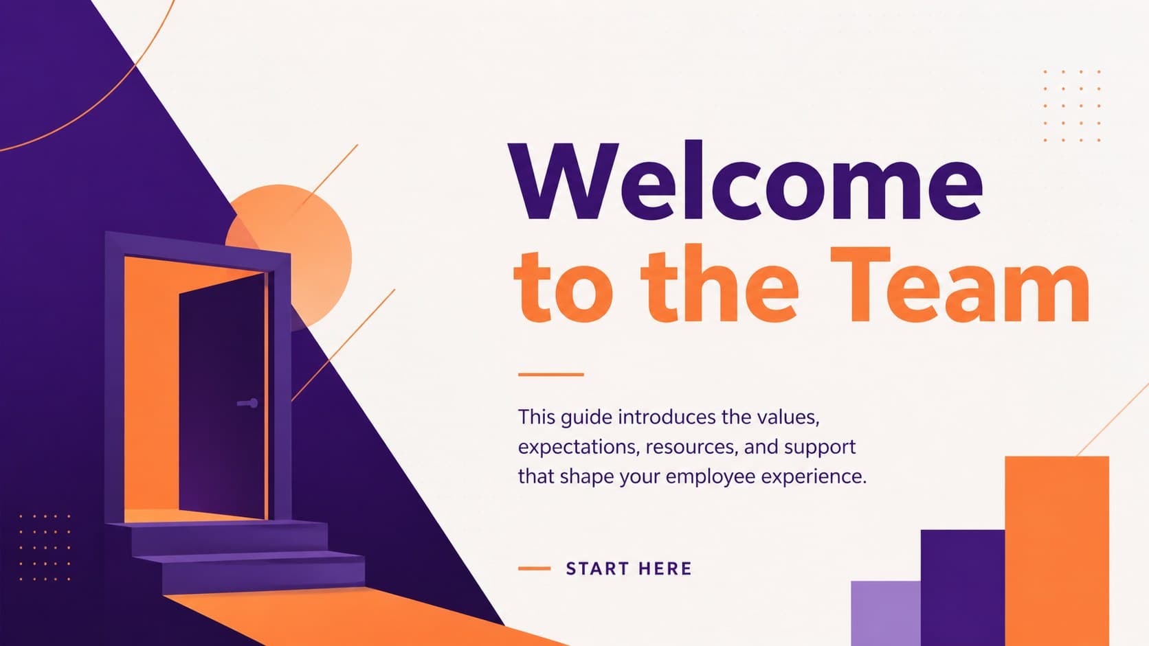 New hire welcome slide introducing the purpose of a company policies orientation deck.