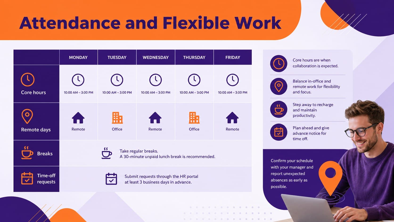 Attendance and flexible work policy slide with an editable weekly schedule layout.