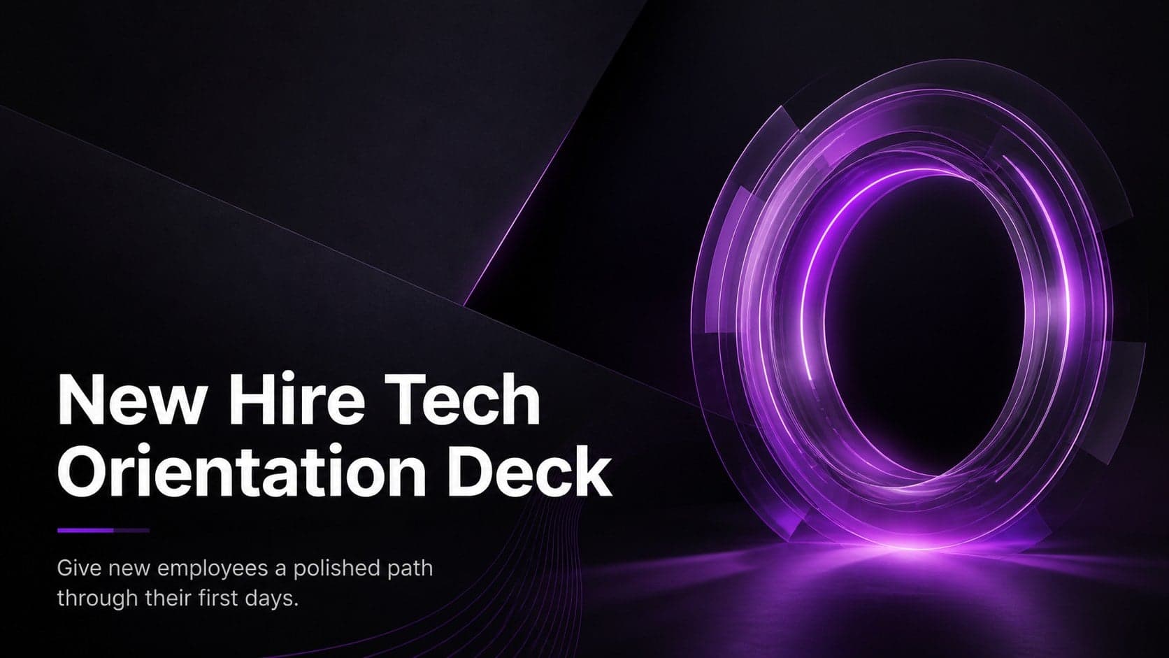 Cover of a black-and-purple New Hire Tech Orientation Deck with a modern glass-effect title treatment.