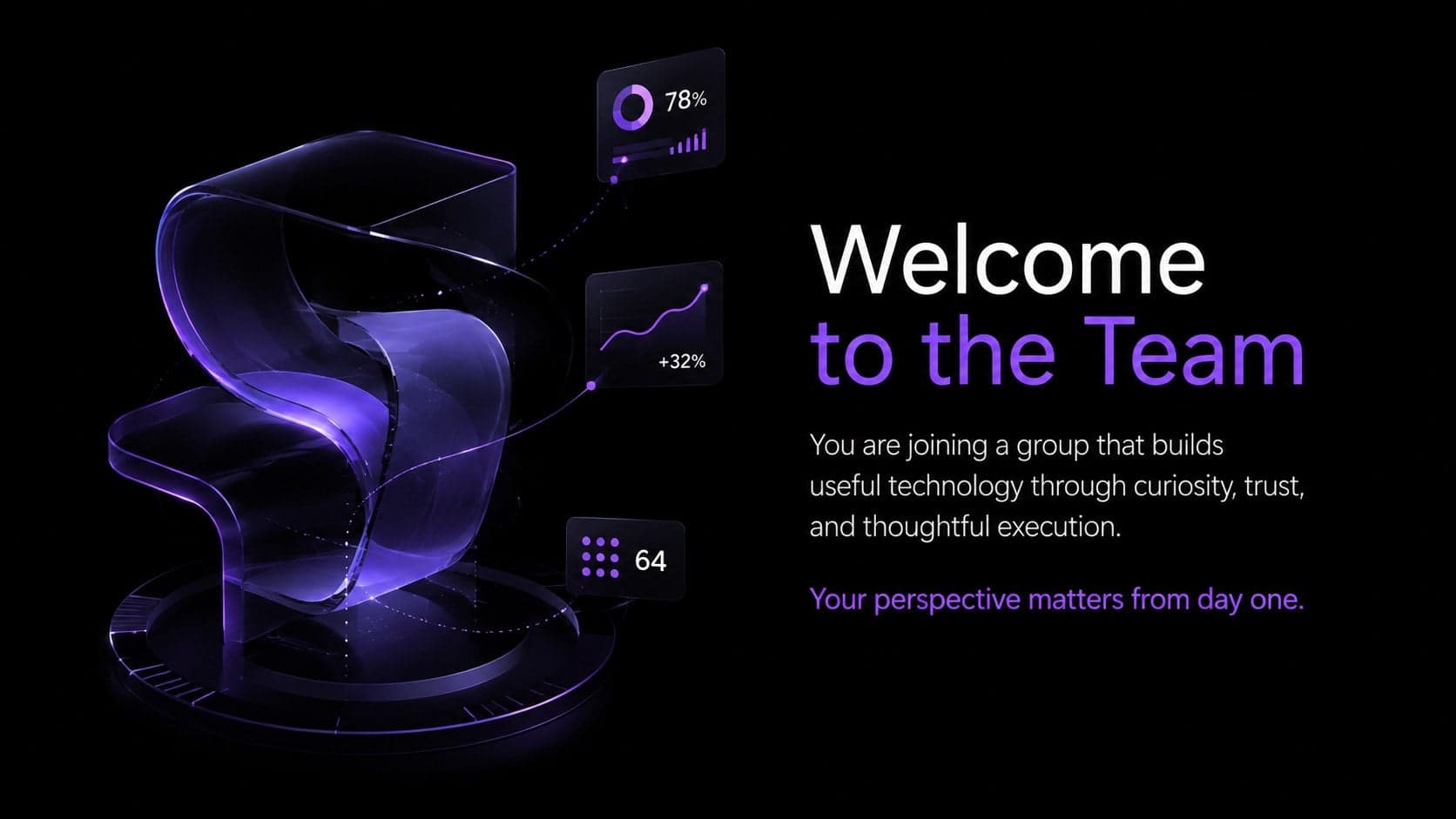 Technology employee orientation presentation slide featuring a welcome message and abstract purple interface graphics.