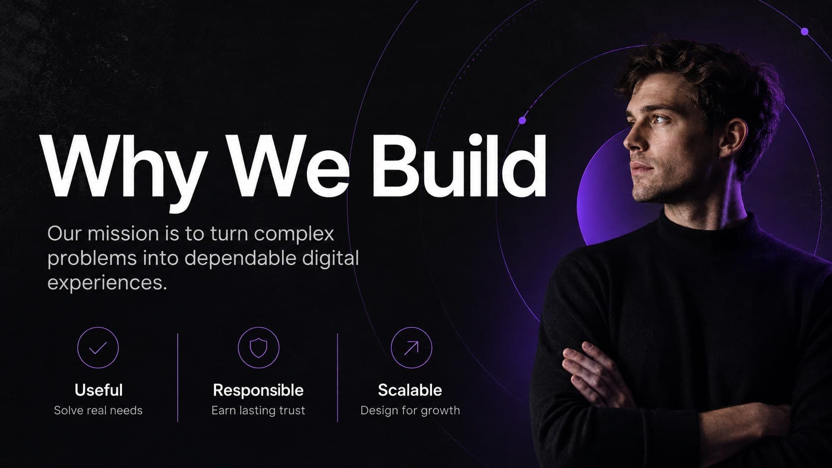 Minimal black-and-purple company mission slide for a software team induction deck.