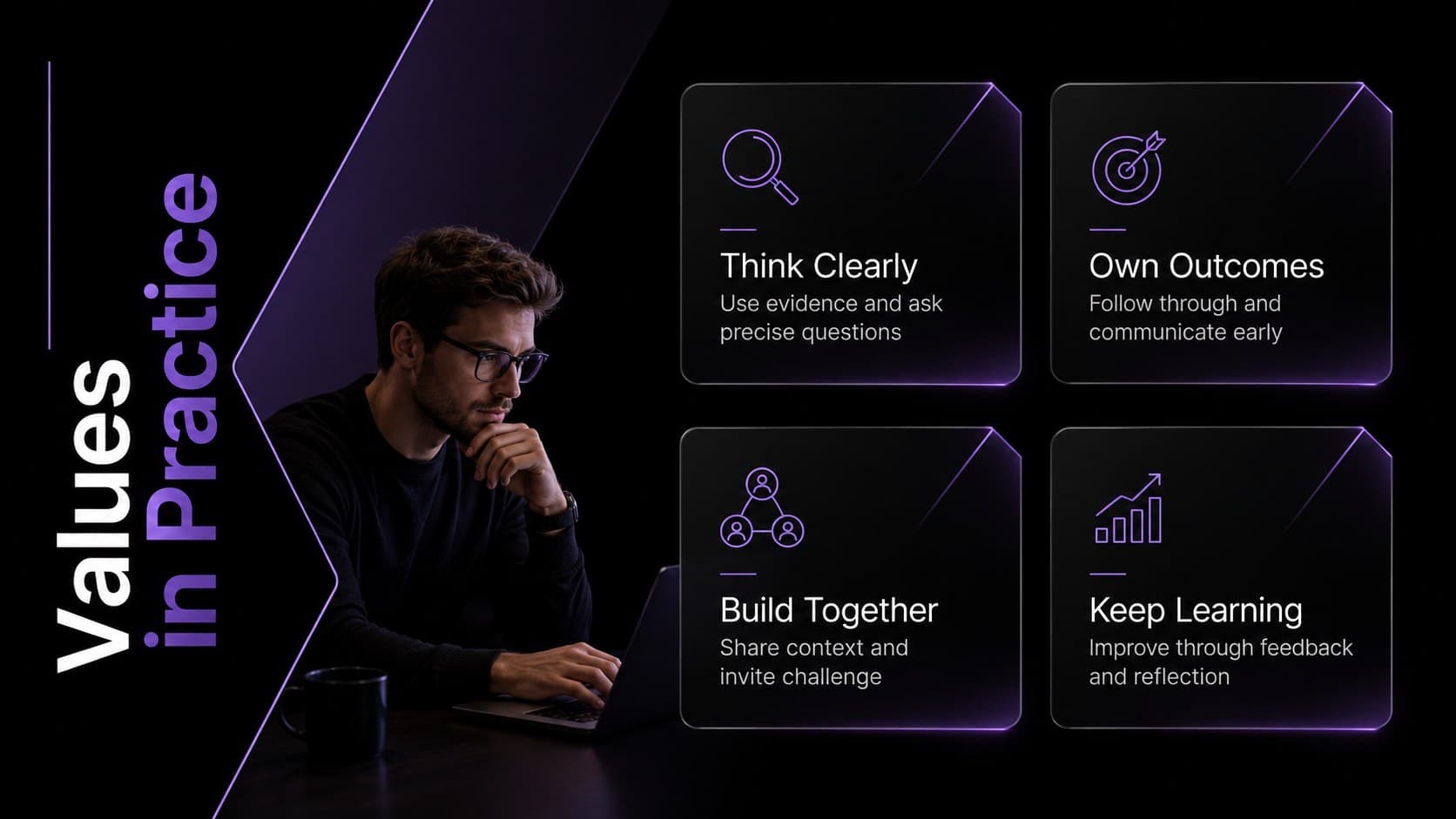 Company values layout with four purple glass panels in a modern new hire presentation.