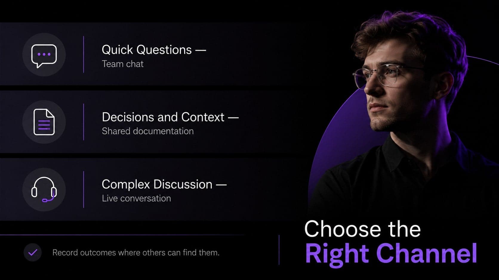 Communication channels overview for a remote tech employee welcome deck.