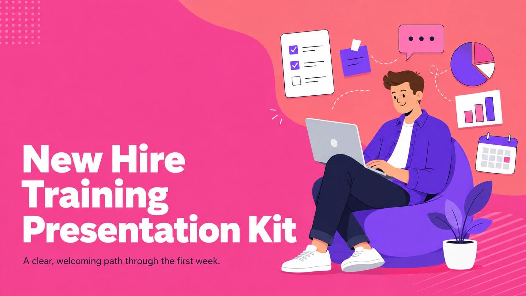 Pink illustrated cover for the New Hire Training Presentation Kit with a welcoming workplace theme.