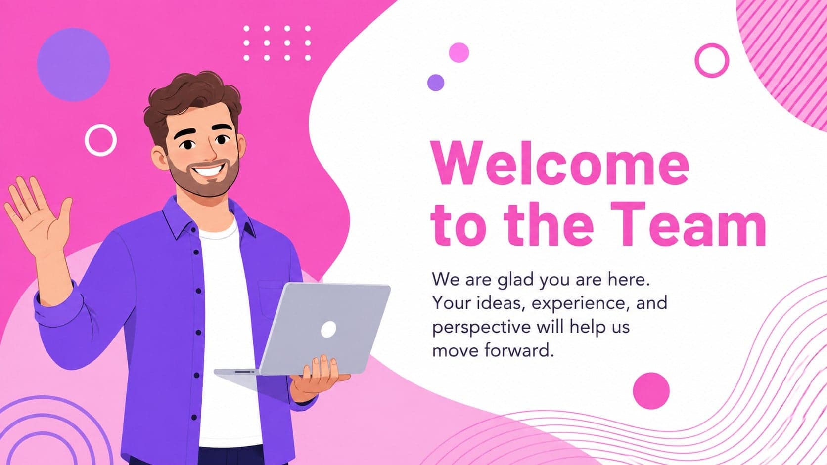 New hire welcome slide featuring an original employee illustration and a concise team greeting.