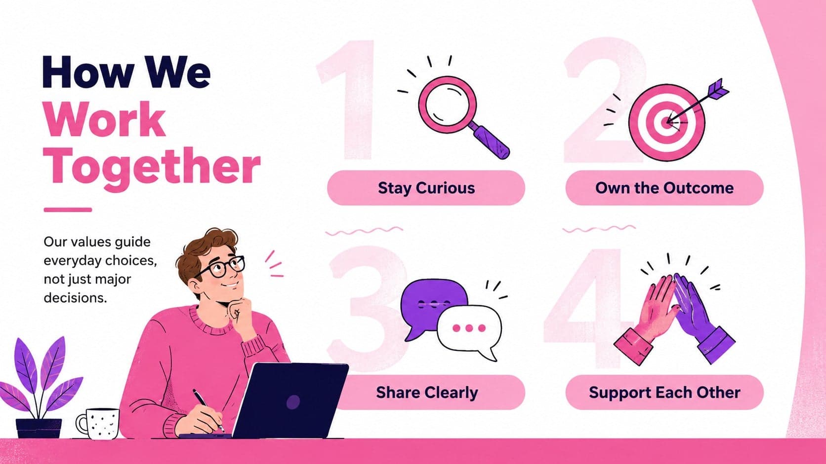 Workplace culture and values slide presenting four principles in a bold pink illustrated layout.