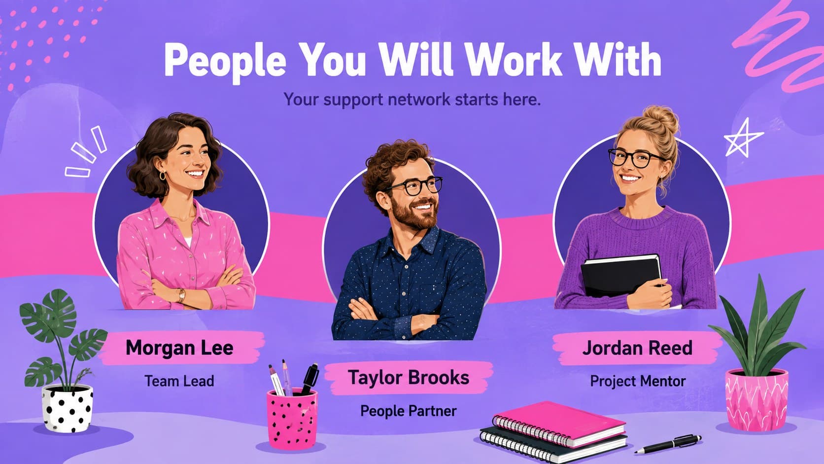 Meet the team slide showing original illustrated staff profiles for new hire onboarding.