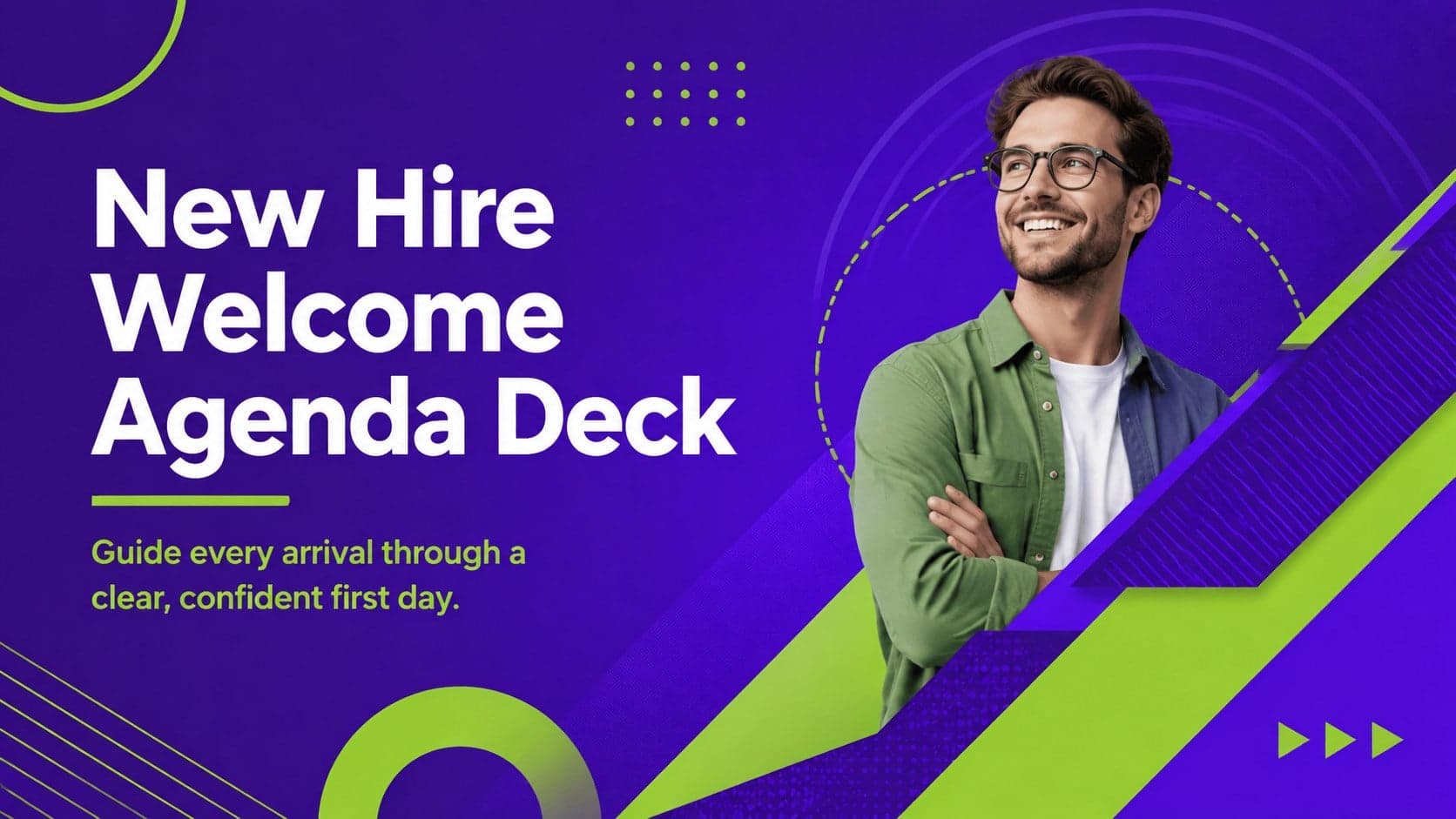 Cover of the New Hire Welcome Agenda Deck with bold purple and green geometric graphics.