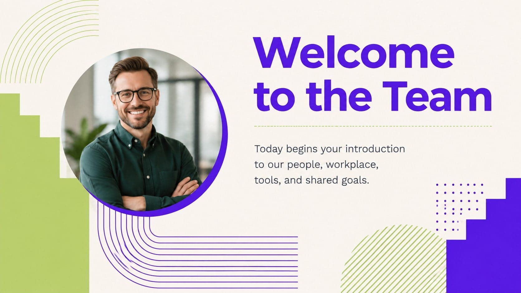 Purple and green employee welcome presentation slide introducing a new colleague's first day.