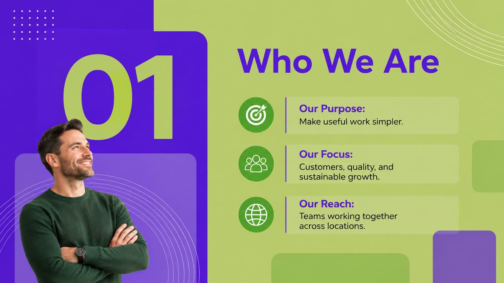 Company introduction layout from a corporate induction agenda template in purple and green.