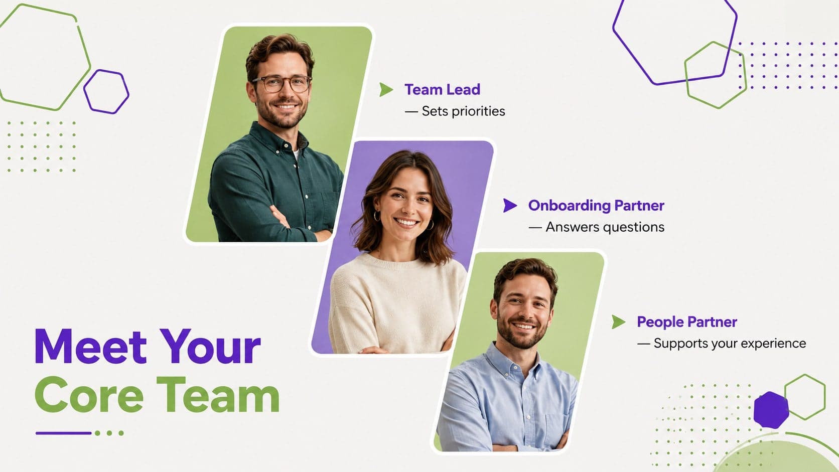 Team introduction slide with original professional portraits for a new employee orientation.