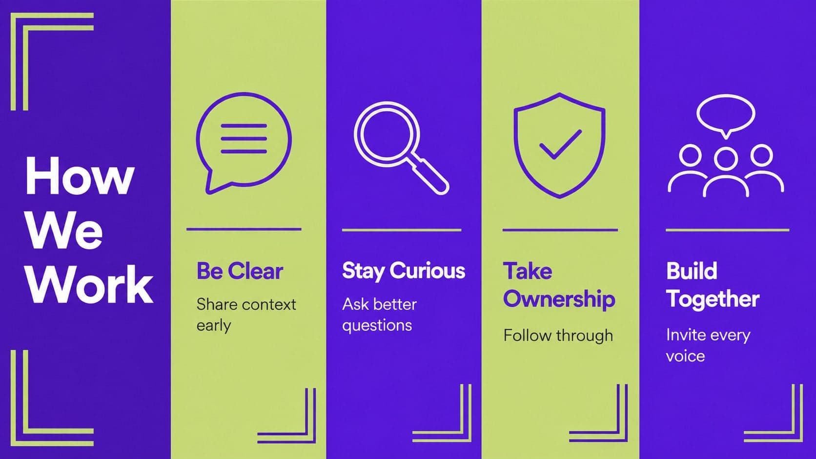 Workplace values slide showing four principles in a purple green onboarding presentation.