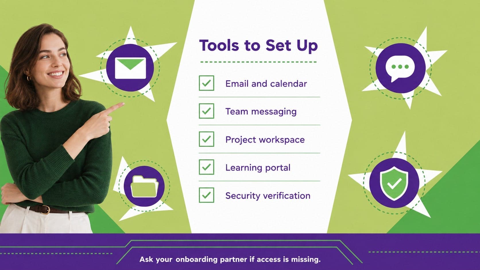 Essential tools checklist for an HR welcome session slide deck.