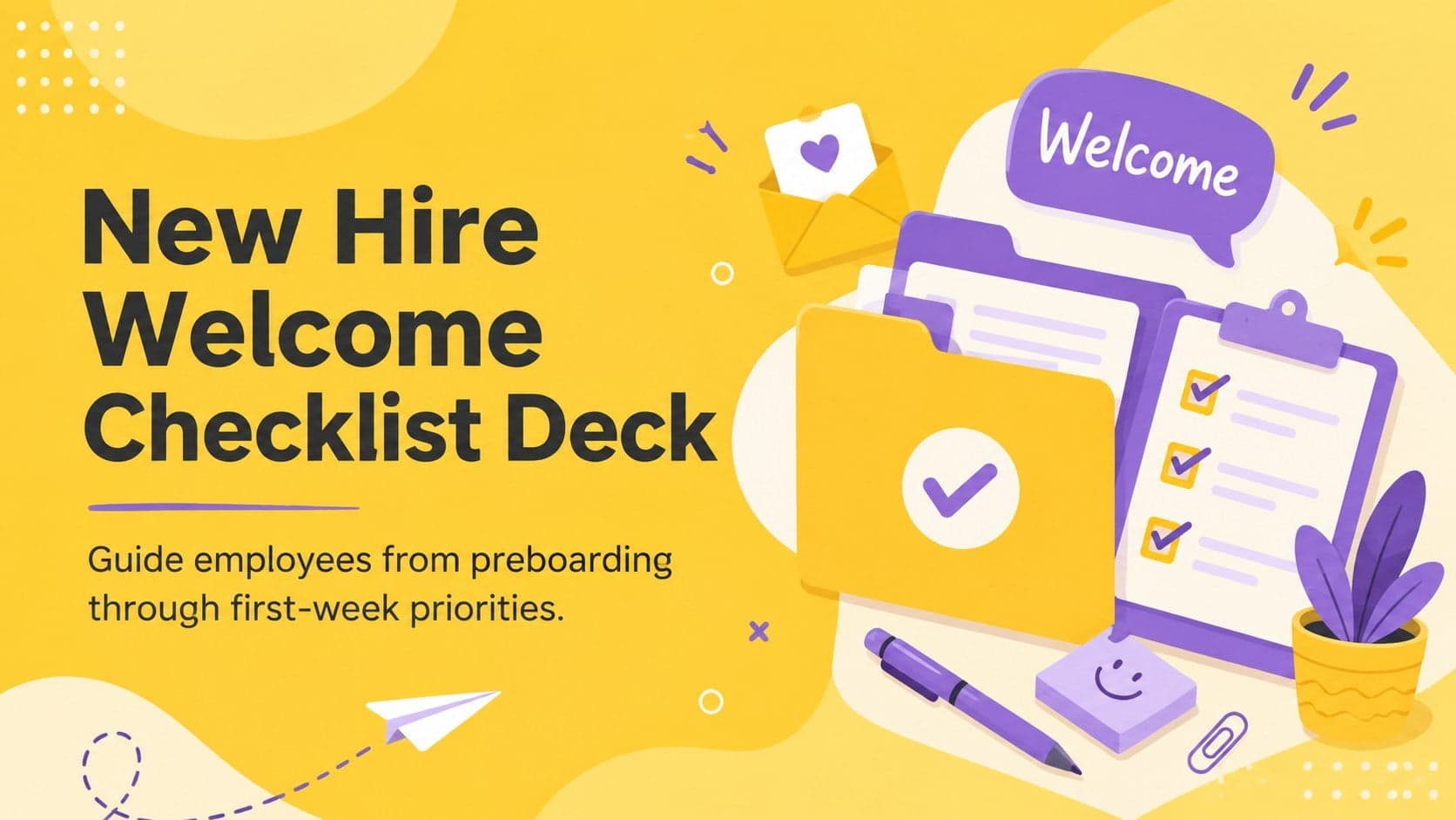 Yellow illustrated cover for a New Hire Welcome Checklist Deck with onboarding task graphics.