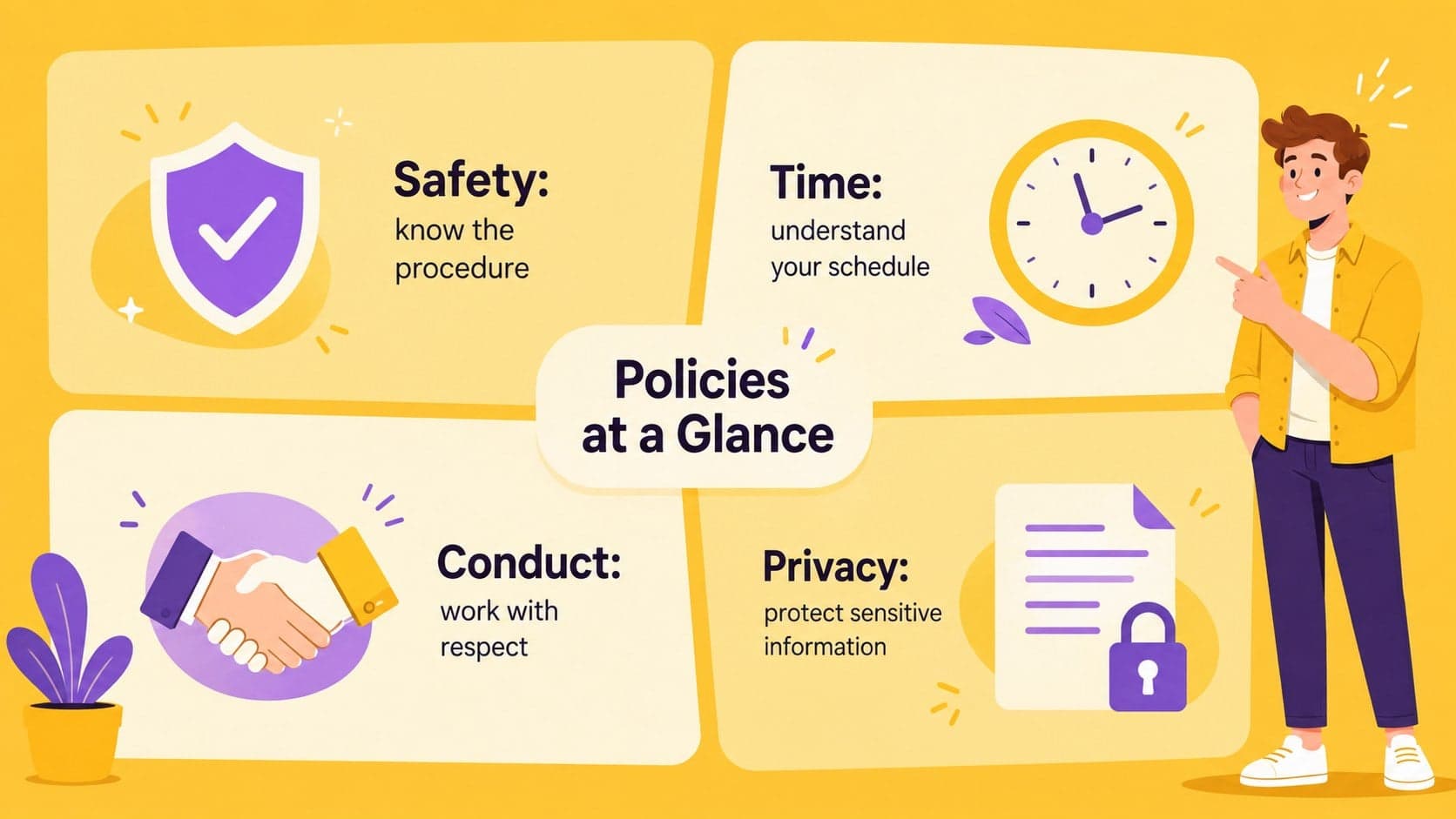 Workplace policy overview with illustrated icons for safety, conduct, time, and privacy.