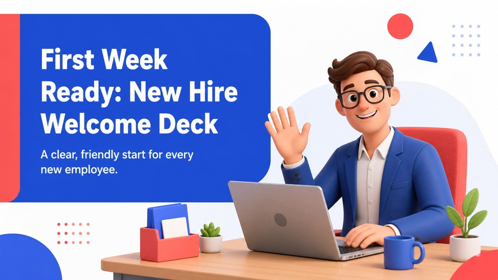 Welcome cover for a new hire welcome deck with a bright blue and red illustrated workplace scene.