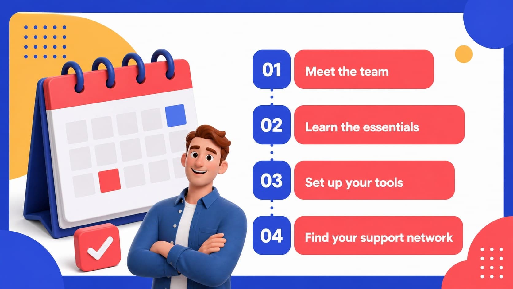 Onboarding agenda slide outlining the first week in a new hire welcome deck.