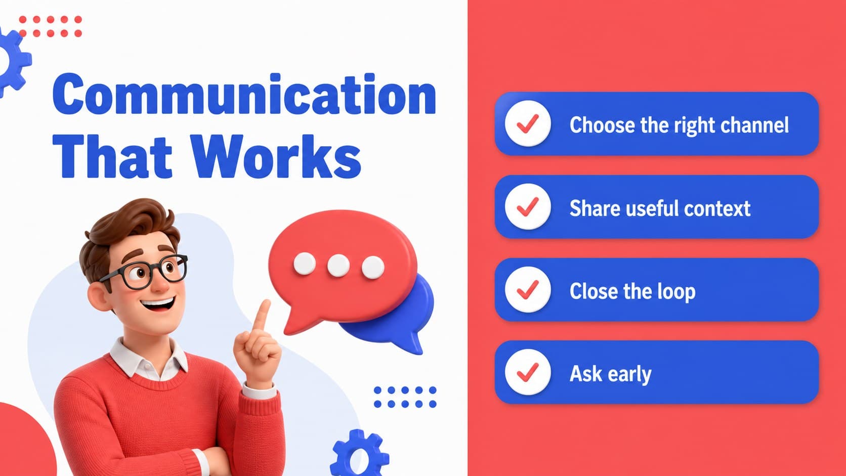 Communication guidelines slide showing practical workplace collaboration habits.