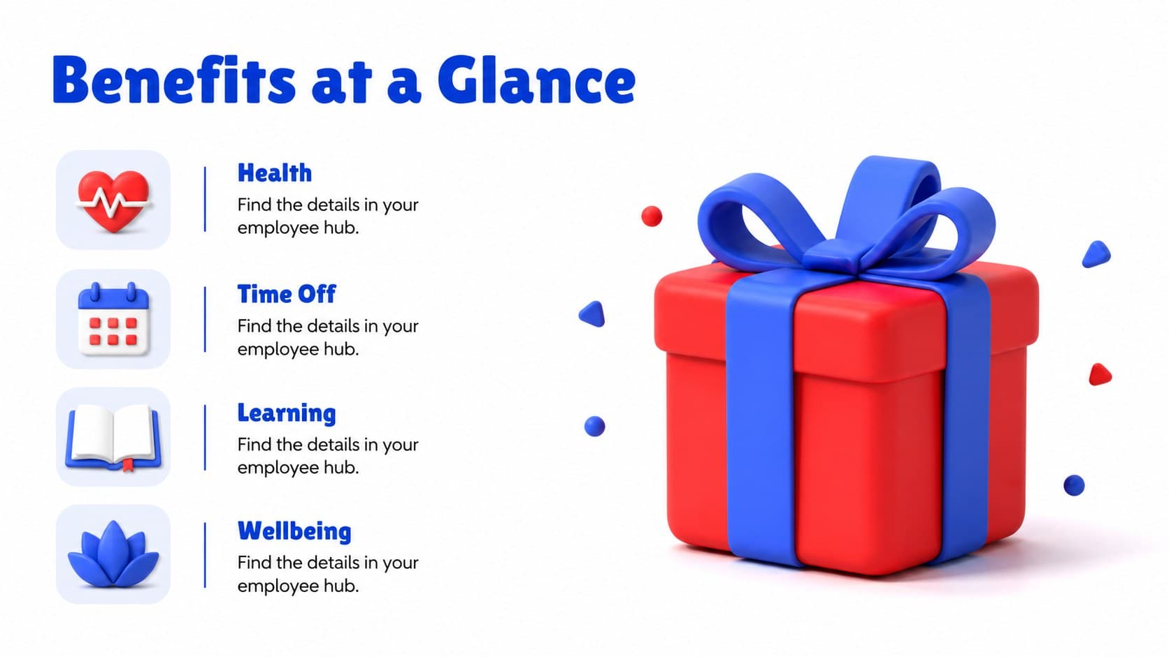 Employee benefits overview slide with colorful comparison panels for new hires.