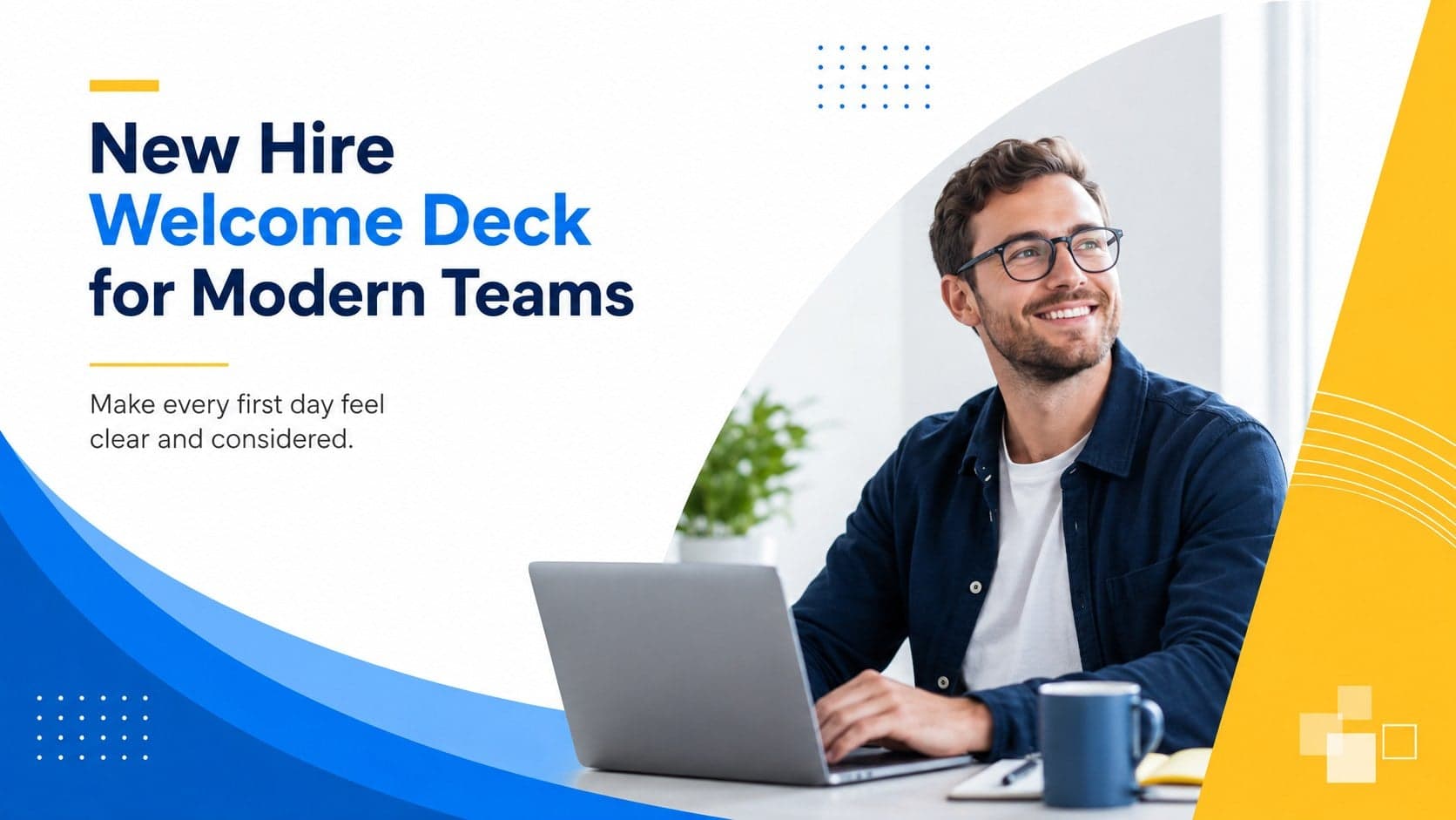 Cover of a New Hire Welcome Deck with bold blue-and-yellow geometric graphics for modern teams.