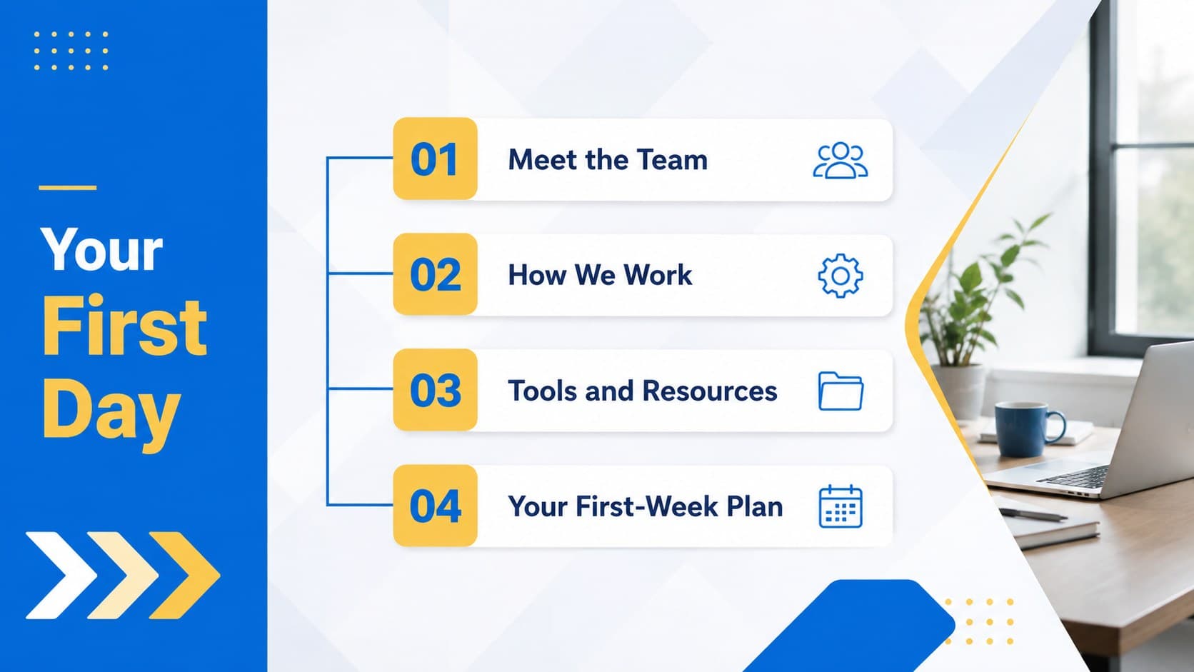 Blue-and-yellow employee onboarding presentation agenda outlining a new hire's first-day activities.