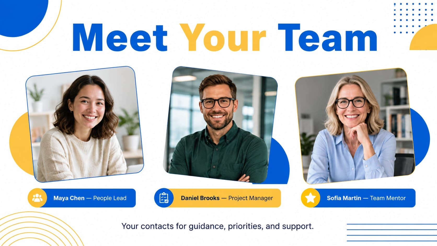 Team introduction presentation template slide featuring editable employee profiles and role details.