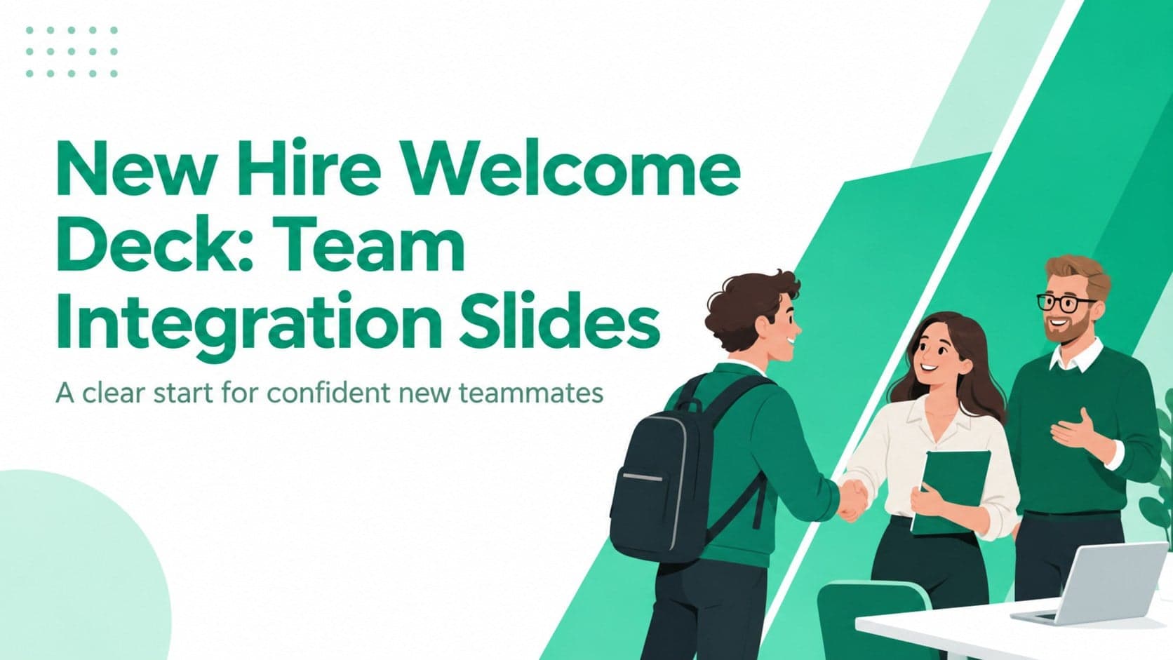 Green geometric cover slide introducing a new hire welcome deck for team integration.