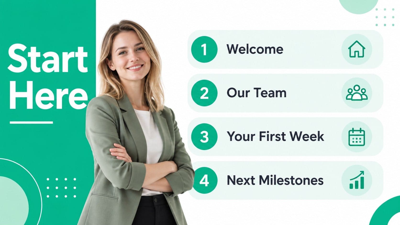 Agenda slide outlining the sections of an employee onboarding presentation.