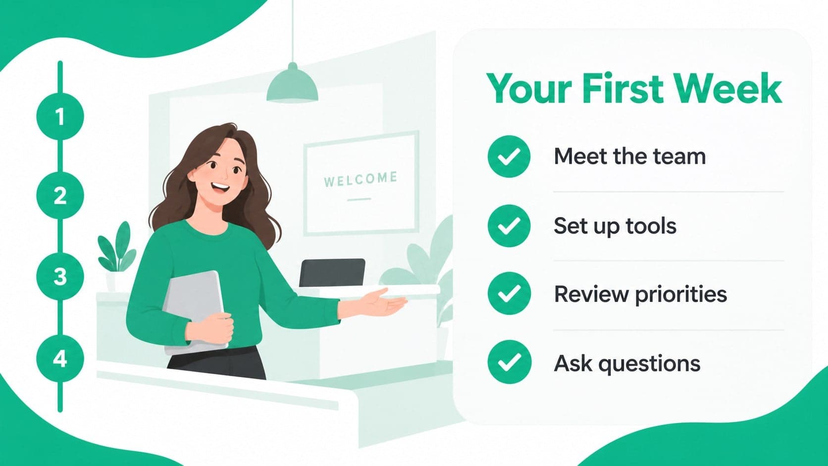 First-week checklist slide for an employee onboarding presentation.