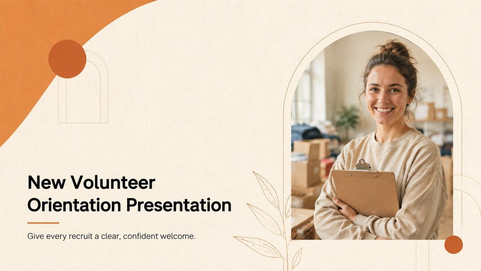 Cover of a new volunteer orientation presentation with elegant orange and beige typography.