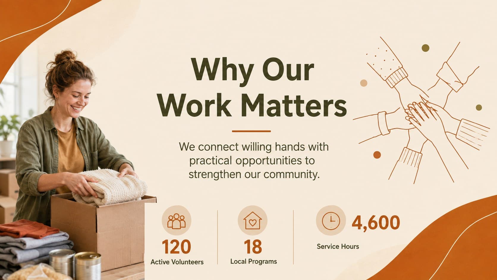 Minimal nonprofit volunteer orientation slide explaining mission and community impact.
