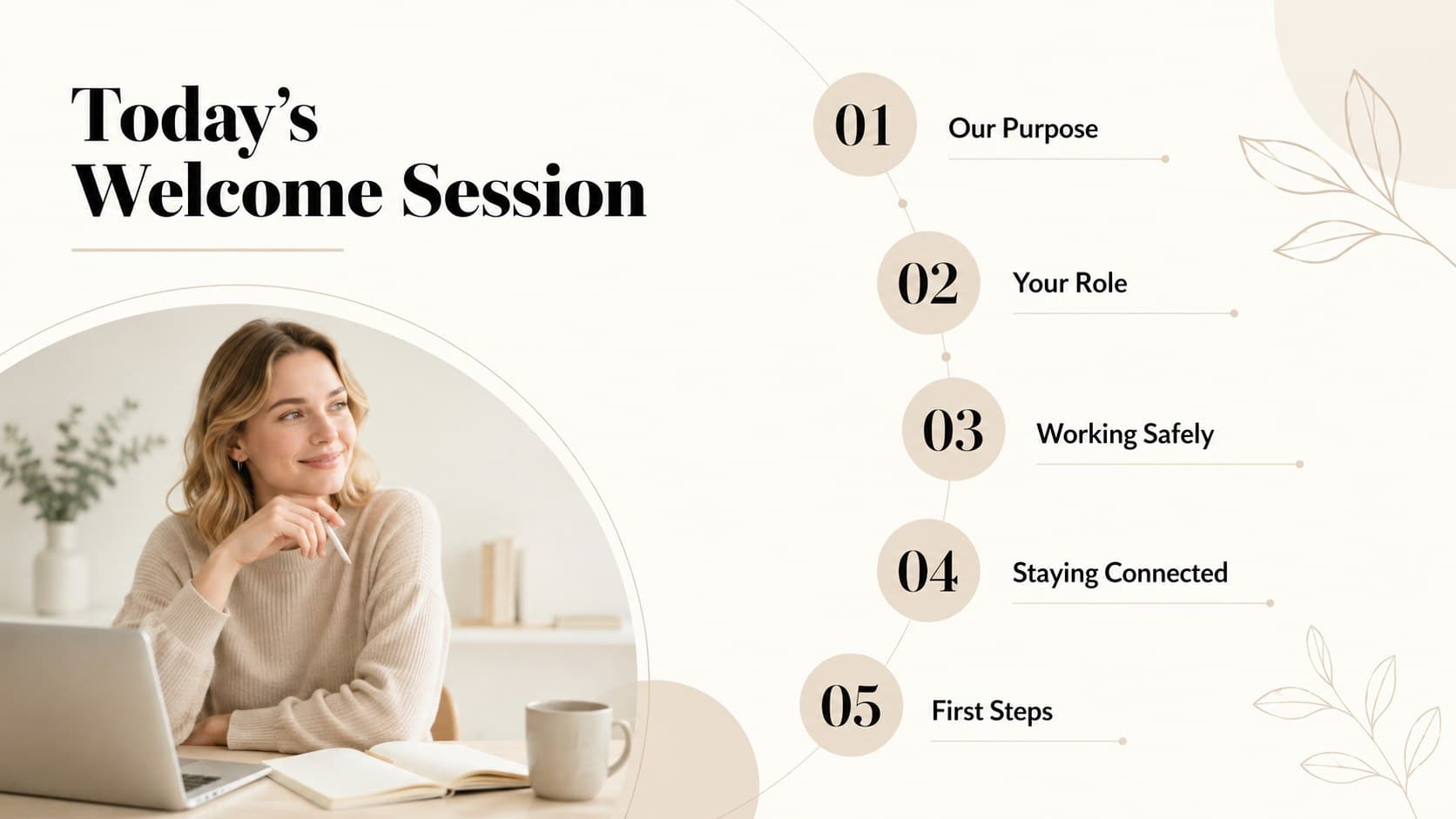 Beige volunteer induction agenda slide outlining the main topics in the welcome session.