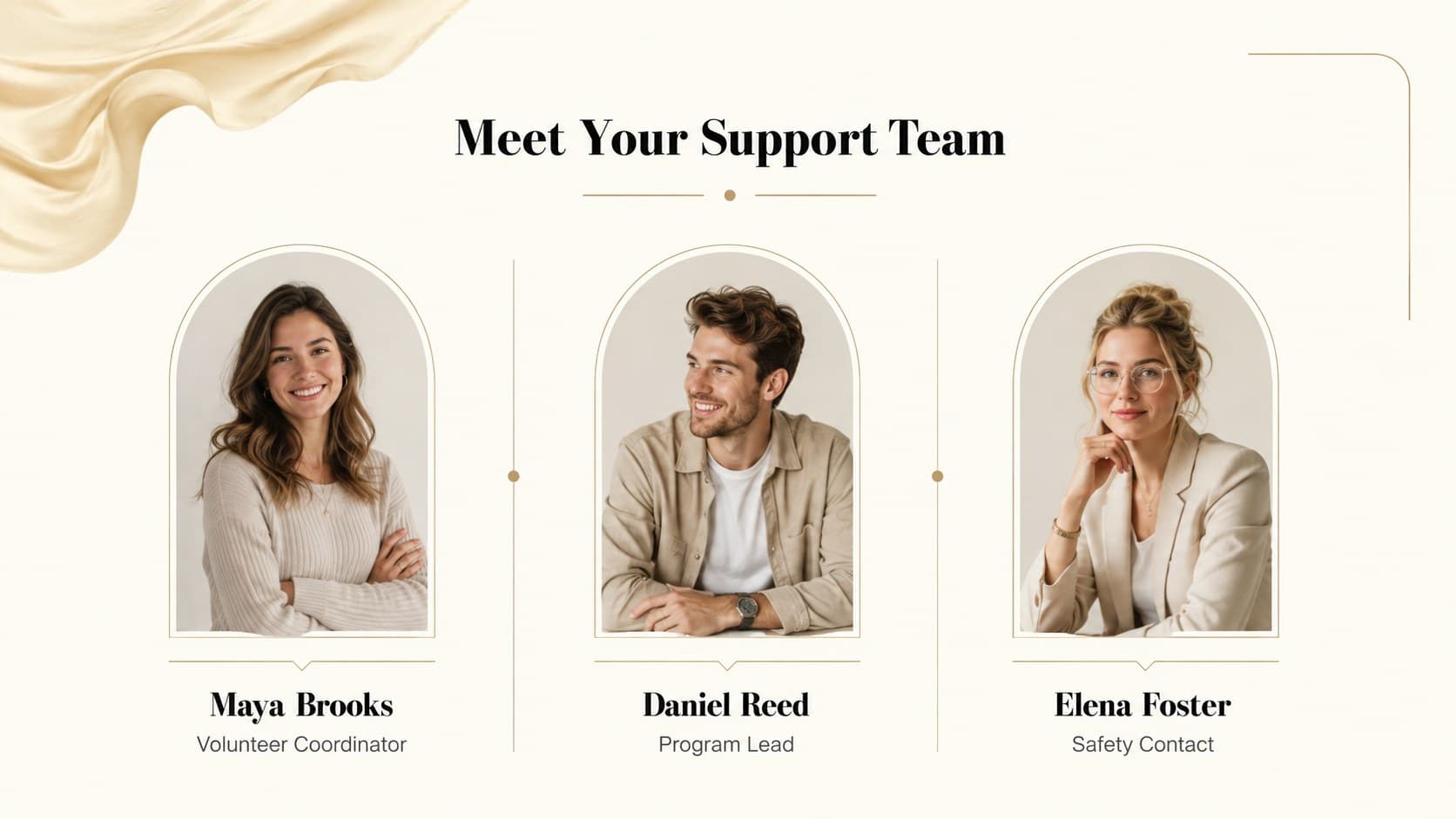 Elegant volunteer welcome slide presenting team contacts and areas of responsibility.