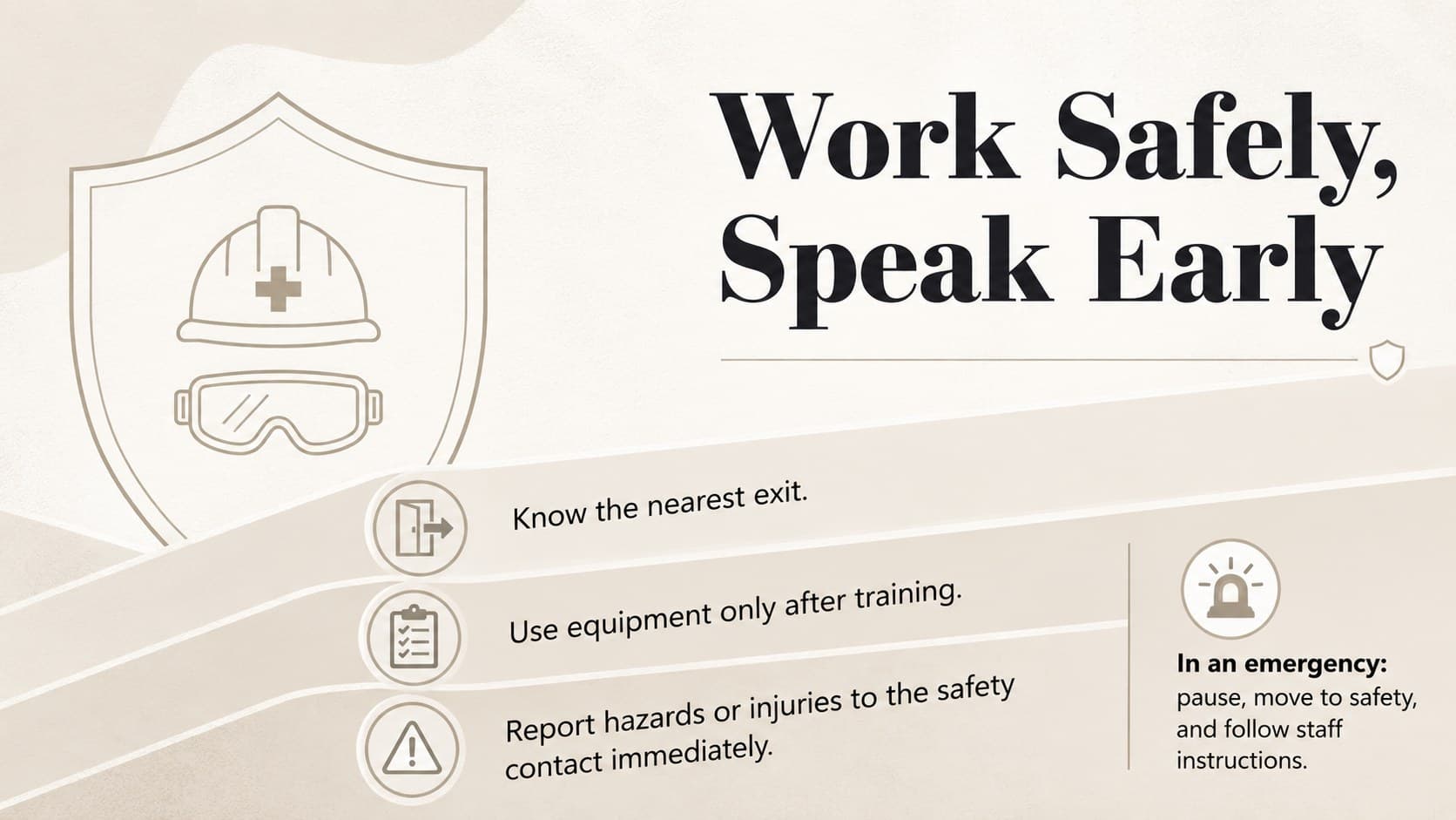 Volunteer safety briefing template slide listing safe working and incident reporting steps.