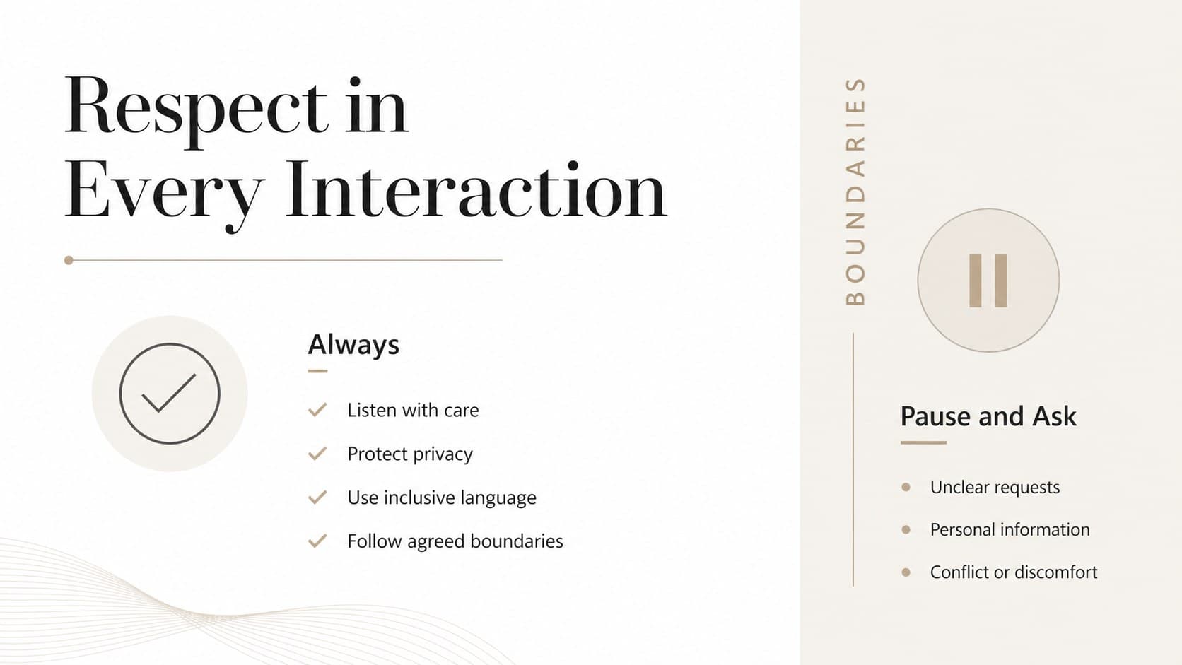 Minimal volunteer code of conduct presentation slide comparing expected and inappropriate behavior.