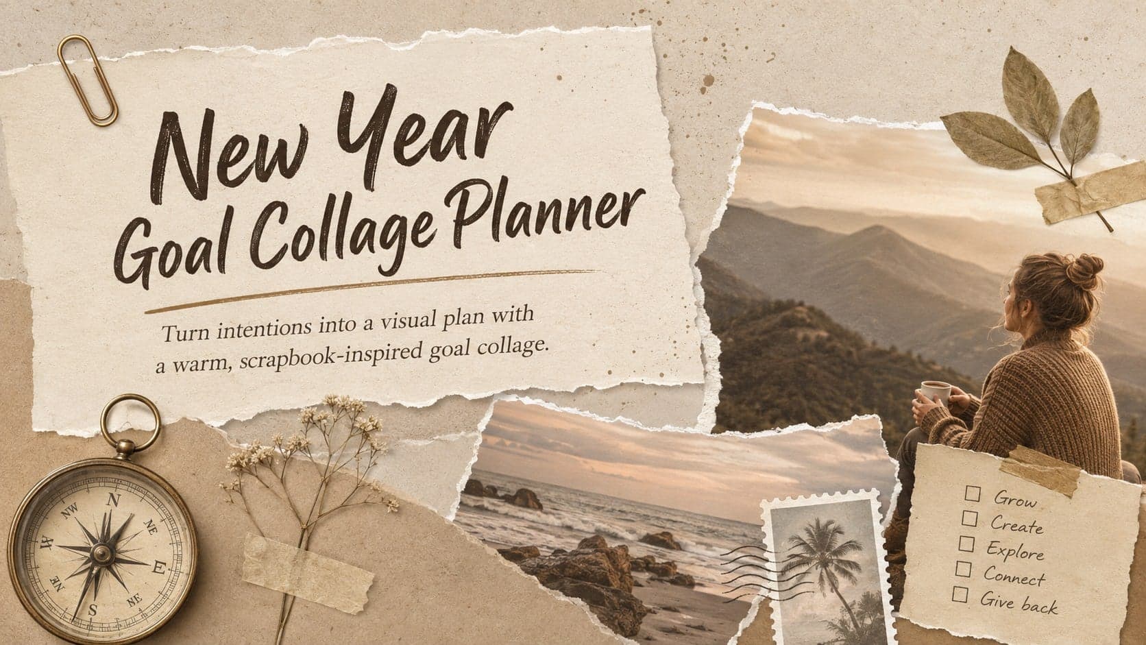 New Year Goal Collage Planner cover with layered beige paper, photographs, and journal-inspired decorations.