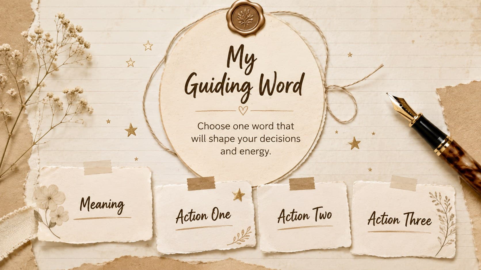 Scrapbook word-of-the-year slide with space for a guiding word, its meaning, and three supporting actions.