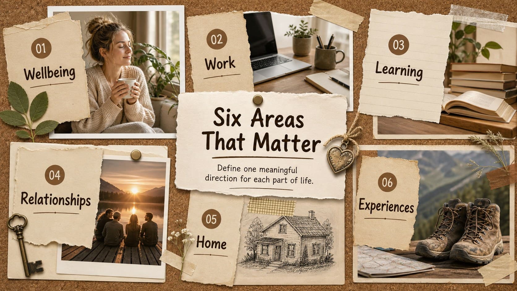 New year life priorities planner showing six focus areas in a neutral scrapbook layout.
