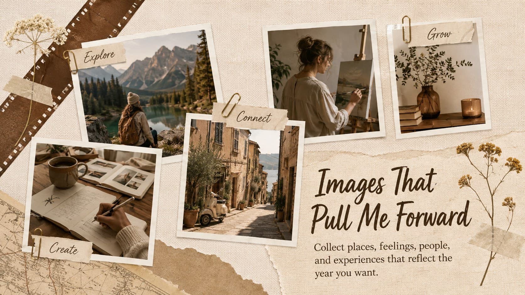 Beige inspiration gallery slide with fresh photo frames and prompts for places, feelings, and experiences.